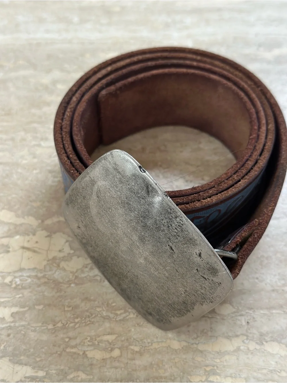 Hand-Tooled Blue Brown Leather Belt with Distressed Silver Buckle Western 34-38